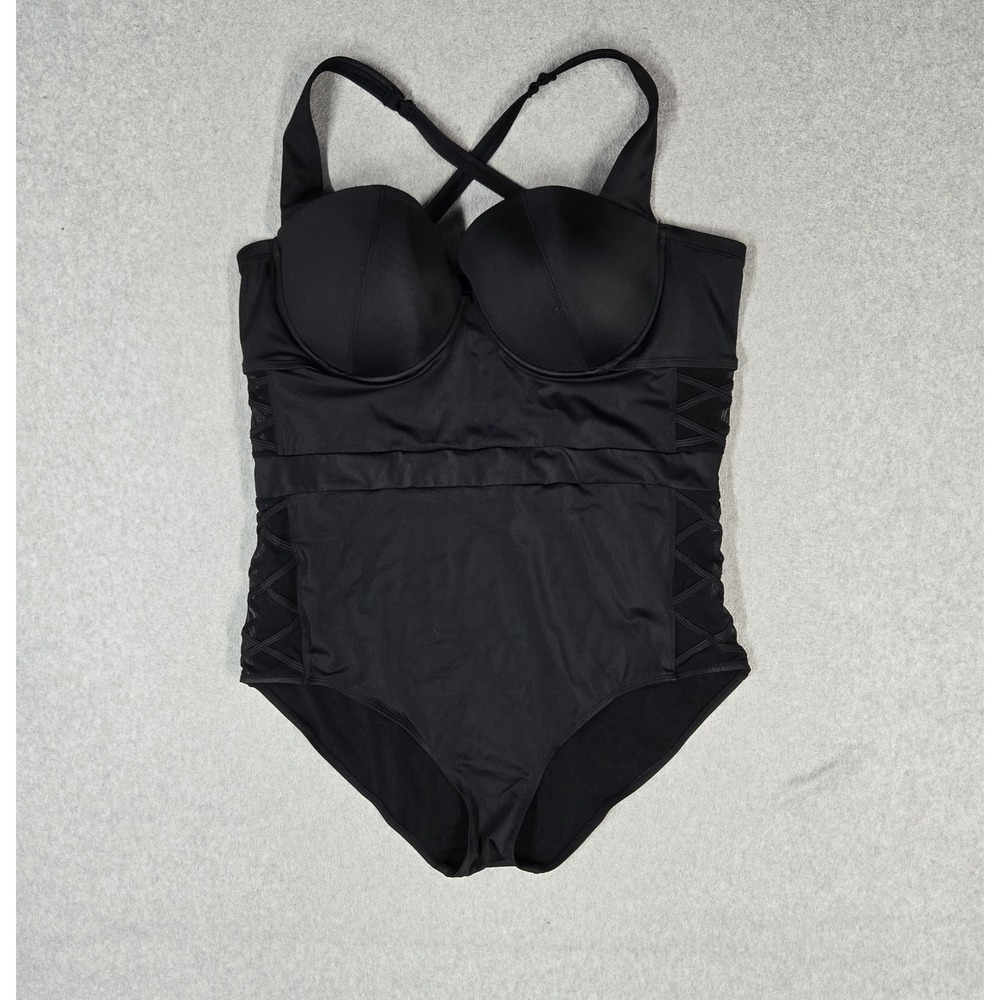 Torrid Women Swimwear 3 Black One Piece Peekaboo Lattice Underwired